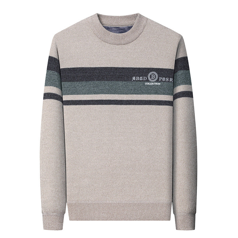 Fleece-lined Ferret Fur Sweater Striped Crew Neck T-shirt