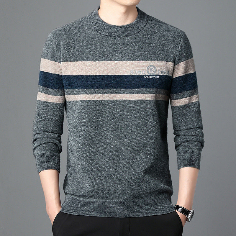 Fleece-lined Ferret Fur Sweater Striped Crew Neck T-shirt