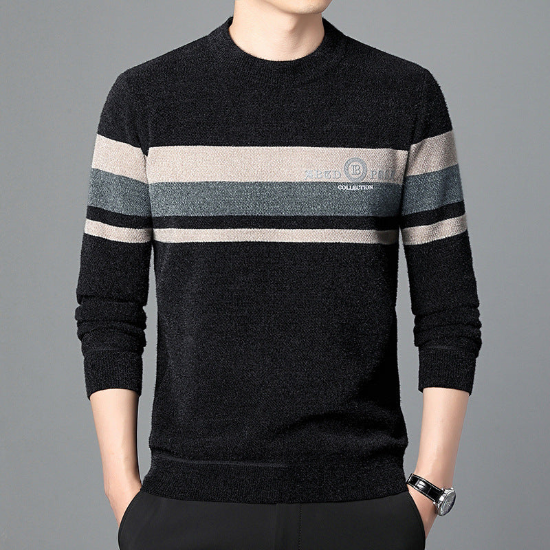 Fleece-lined Ferret Fur Sweater Striped Crew Neck T-shirt