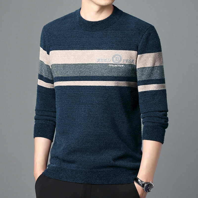Fleece-lined Ferret Fur Sweater Striped Crew Neck T-shirt