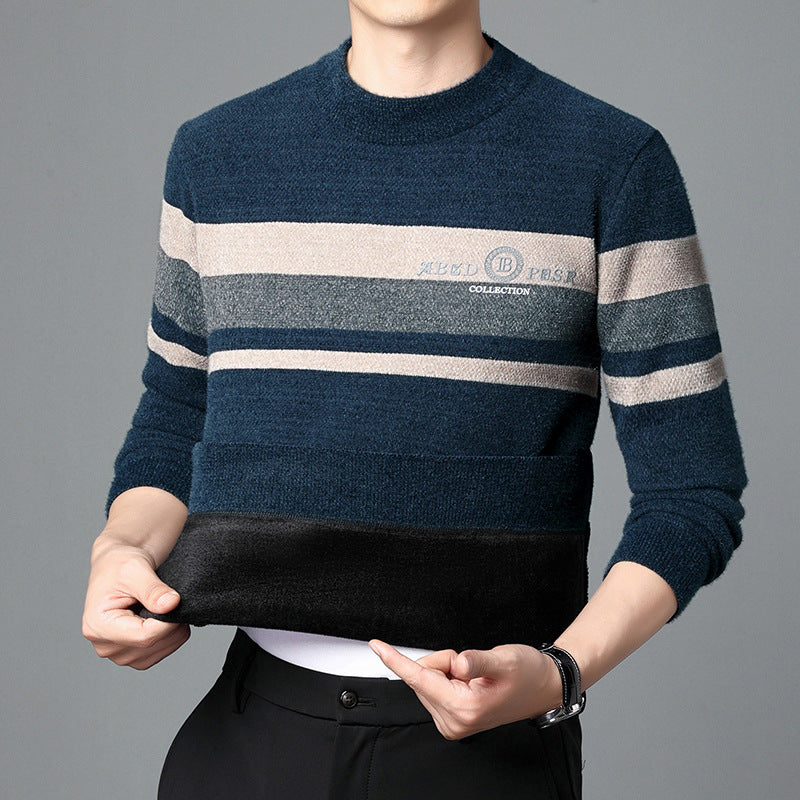 Fleece-lined Ferret Fur Sweater Striped Crew Neck T-shirt