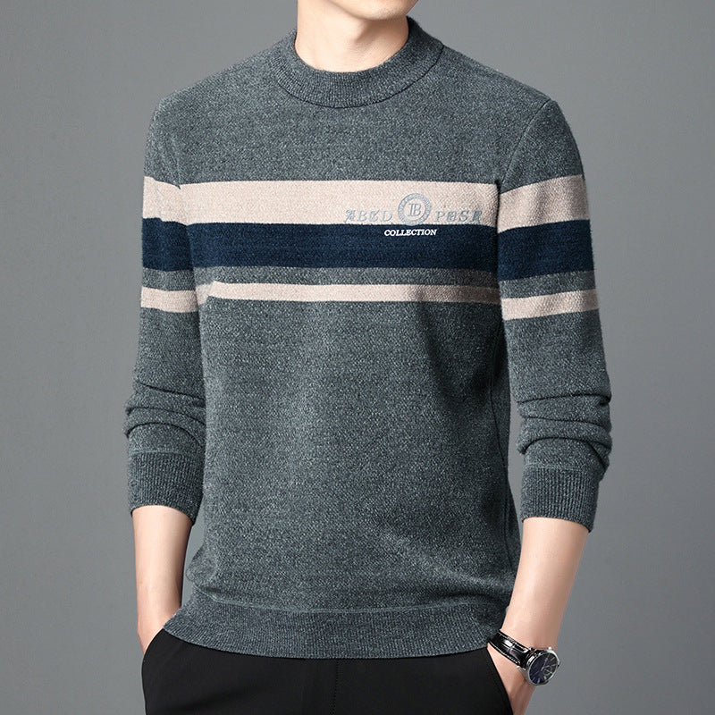 Fleece-lined Ferret Fur Sweater Striped Crew Neck T-shirt